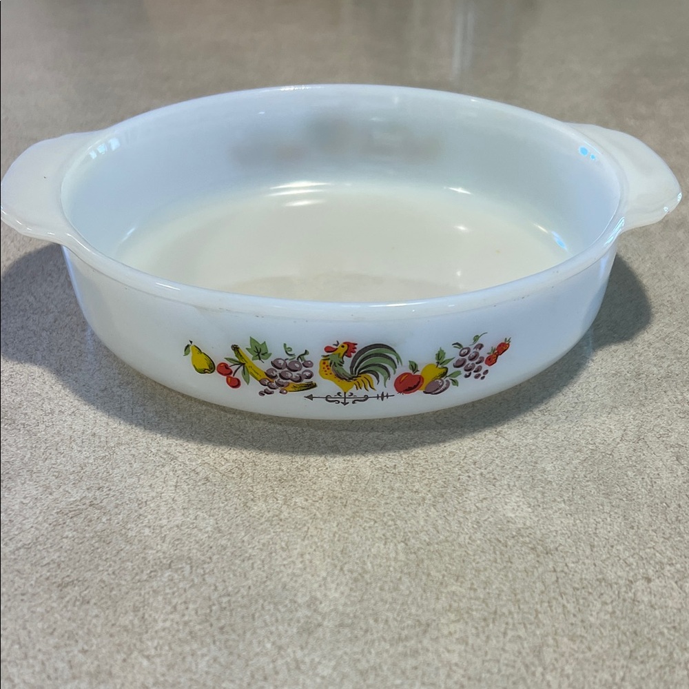 Vintage 1960s Fire King White Baking Dish with Rooster and Fruit Design